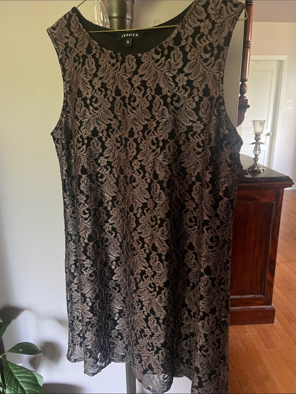 Vintage 90s Jessica Black Dress with Metallic Gold Lace Overlay-Canadian Made